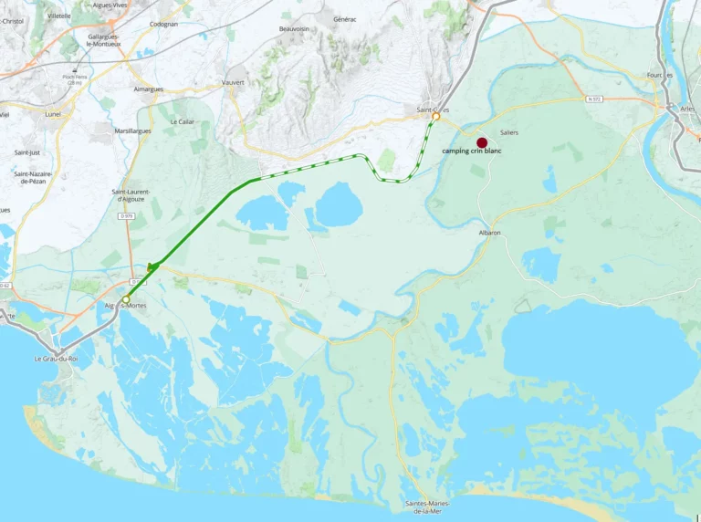 Carte de la ViaRhôna entre Aigues-Mortes et Saint-Gilles avec l’emplacement du camping Crin Blanc