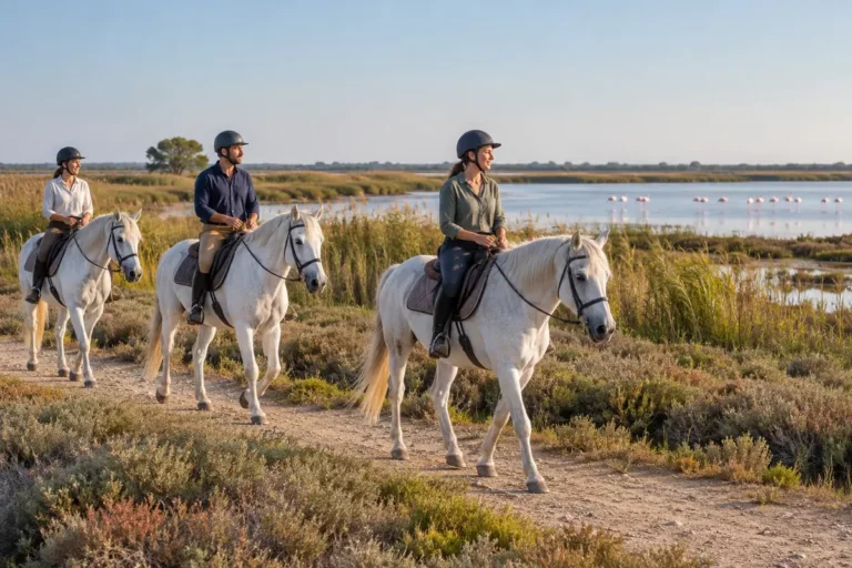 Cavaliers à cheval Camargue au bord d’un étang avec des flamants roses, photo d’illustration